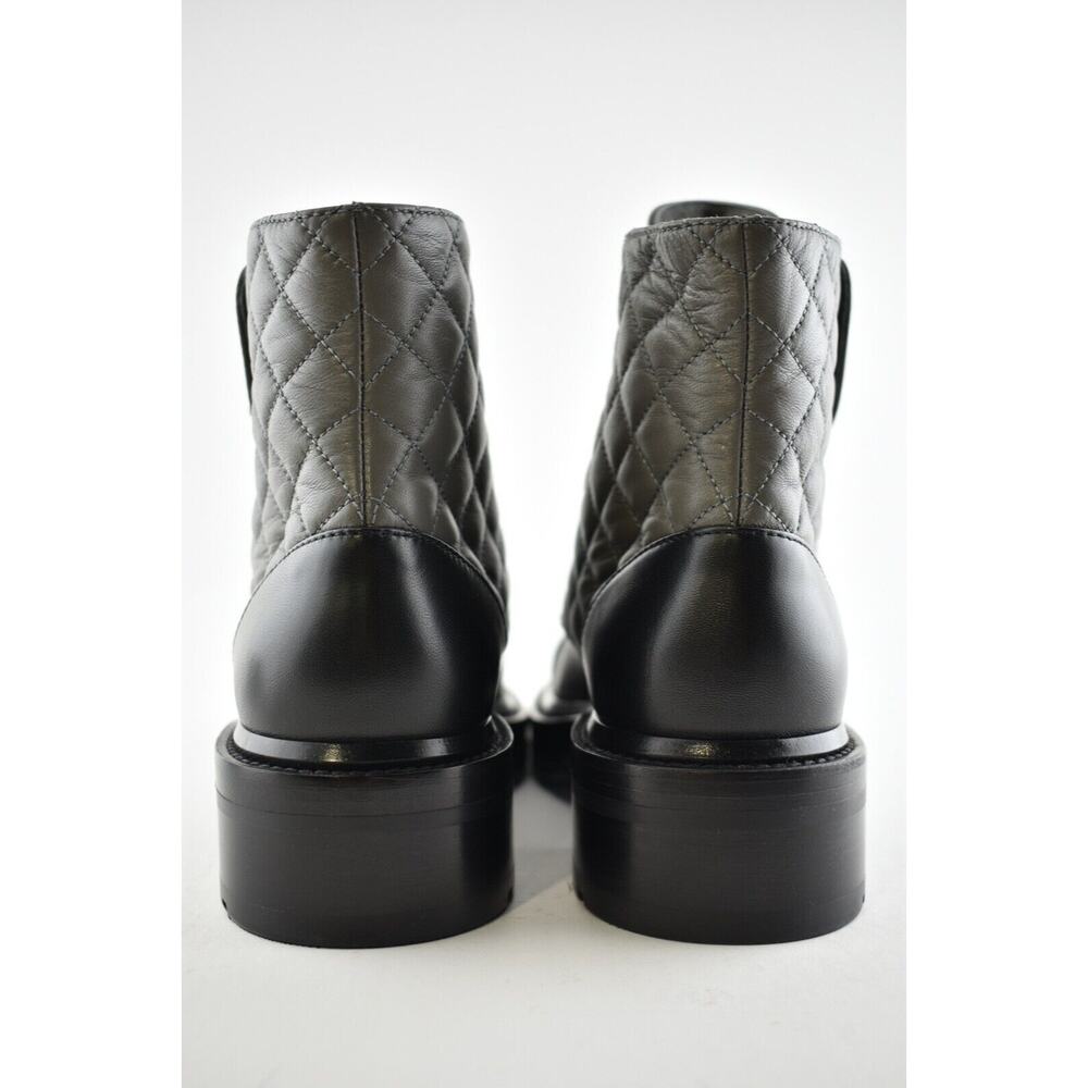 Chanel 21A Grey Black Quilted CC Chain Combat Lace Up Tie Ankle Short Boots 37 - Picture 10 of 11